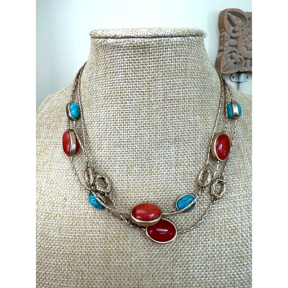 Monet Vintage Gold-Tone Multi-Strand Necklace With Red & Turquoise Cabochon Ston - Picture 1 of 8
